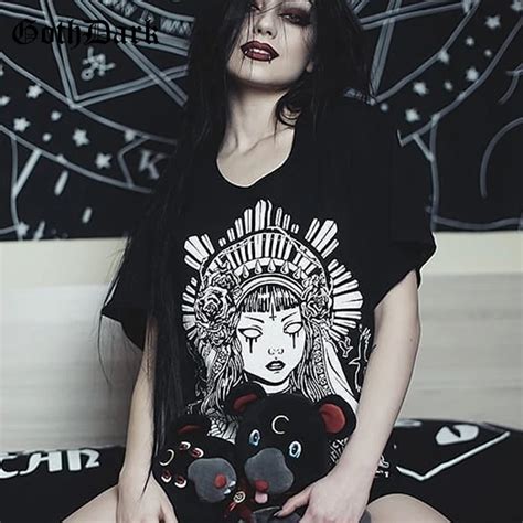 Goth Dark Grunge Black Print T Shirts Gothic Loose Punk Harajuku