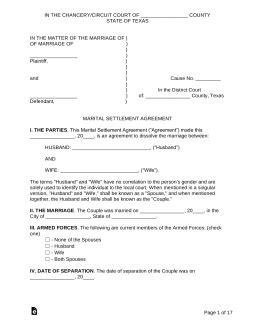 texas marital settlement divorce agreement  word eforms