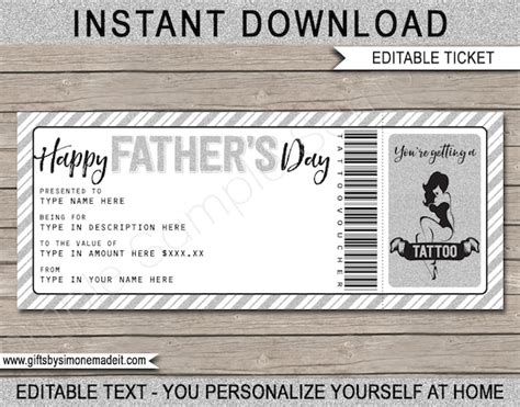 fathers day tattoo gift voucher printable template certificate card