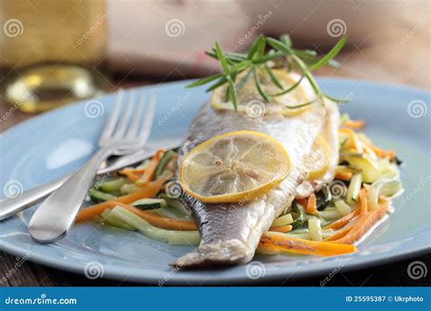 Baked Sea Bass With Vegetables Stock Image Image Of Healthy Summer