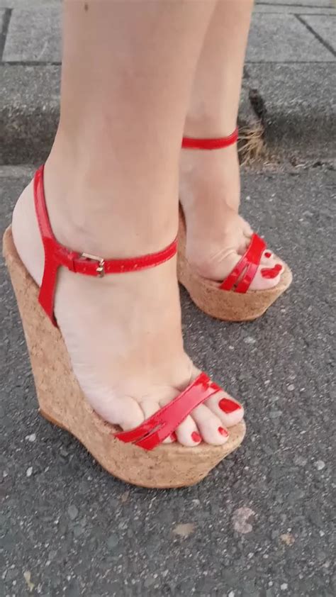 Red High Heels Wedge Walking In Street Feet9