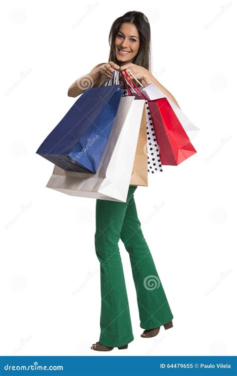 happy cute young woman shopping  color bags isolated stock image