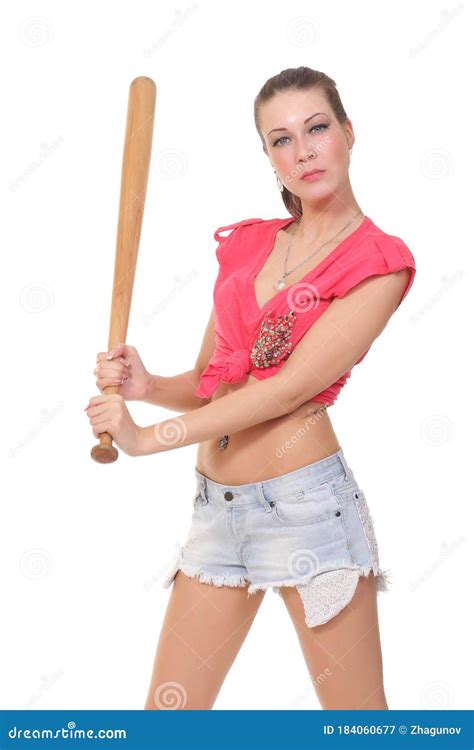 Brunette Woman With Baseball Bat Isolated Stock Image Image Of
