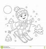 Coloring Outline Cartoon Boy Kids Skis Riding Winter Sports sketch template