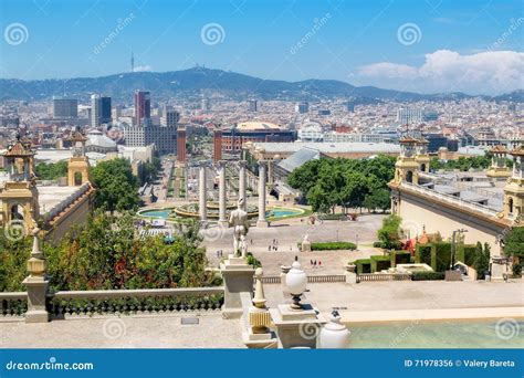 view  espanya square  montjuic hill barcelona spain stock photo image  blue center