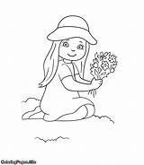 Coloring Picking Girl Flowers Pages Spring Coloringpages Site sketch template