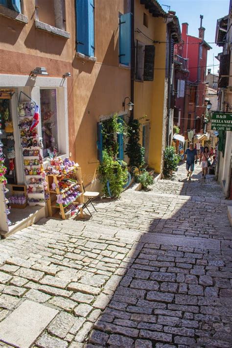 rovinj croatia july 17 2018 shopping street with souvenir shops in
