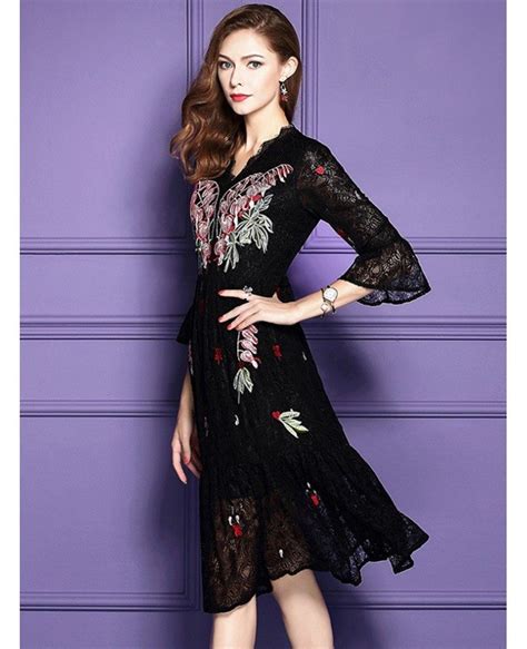classy black knee length lace wedding guest dress for fall with sleeves