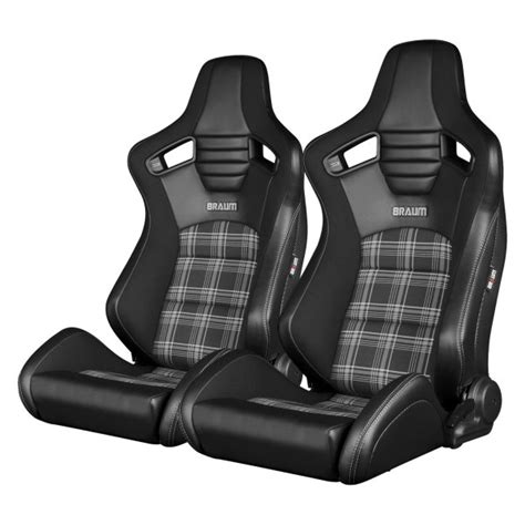 braum brrs gypf elite  series leatherette black racing seats  gray plaid insert gray