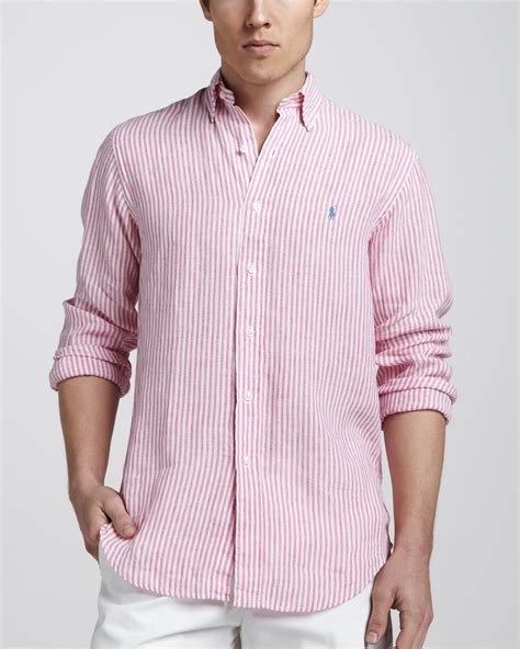 lyst polo ralph lauren striped linen sport shirt  pink  men