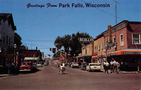 park falls wisconsin street scene store fronts vintage postcard