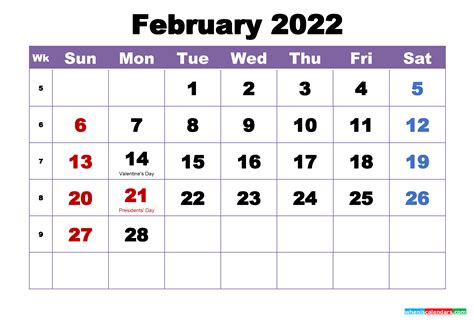 february  calendar  holidays printable