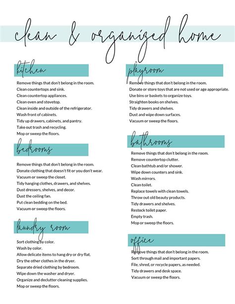 home organizing checklists   tidy  clean home   checklist