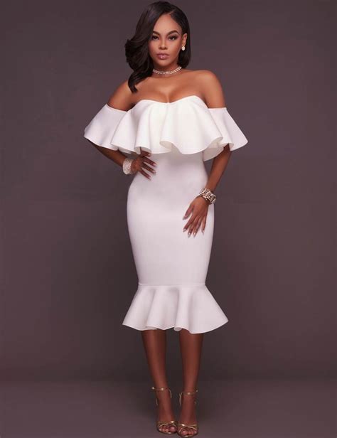 China New White Off Shoulder Ruffle Bodycon Mermaid Party Dress Wholesale