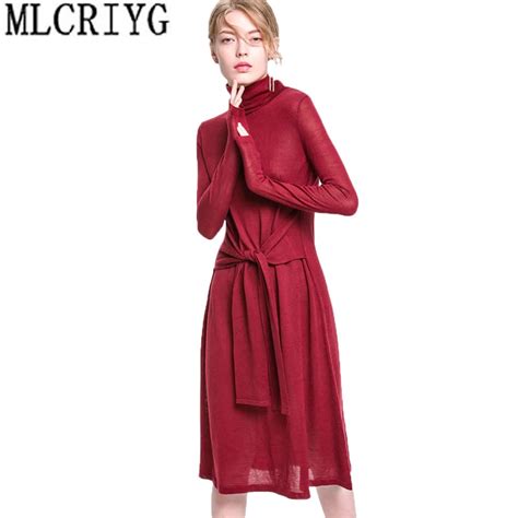 new 2019 women autumn sweater knitted dresses loose turtleneck long
