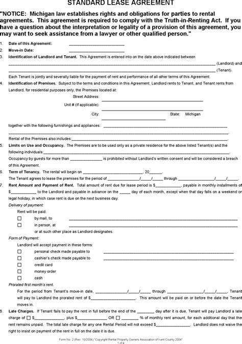 michigan standard lease agreement form  kb  pages