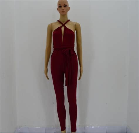 Cheap Ladies Halter Neck Red Tight Jumpsuit Online Store