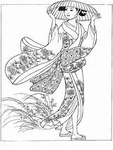 Coloring Pages Woman Japanese Kimono Hat Japan Coloriage Japonais Adults Book Color Printable 着物 Elegant Asian Dover Publications Adult Clothing sketch template