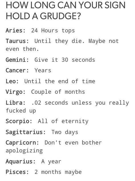 How Long Can Your Sign Hold A Grudge Horoscope Humor
