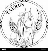 Taurus Girl Coloring Zodiac Sign Vector Beautiful Illustration Line Long Constellation Horns Frame Round Hair Stock Alamy Astrology sketch template