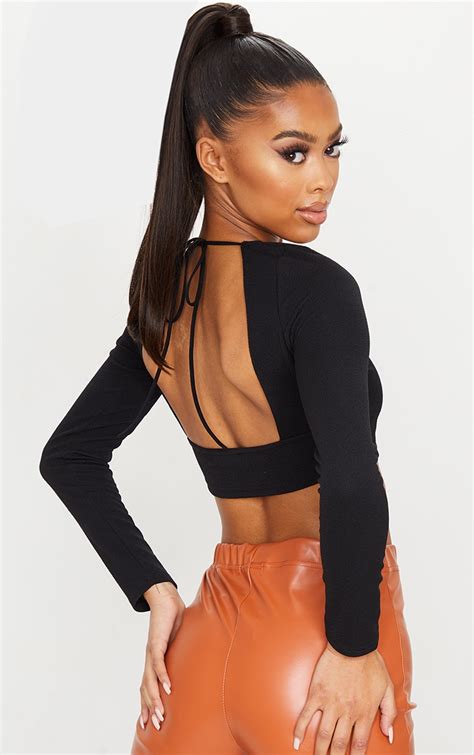 Black Crepe Backless Long Sleve Crop Top Prettylittlething