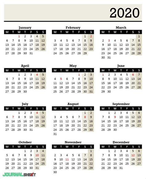 yearly calendars journalsheet