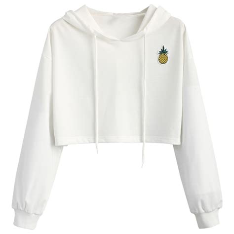 Cute 2018 Women Hoodies Pineapple Patches Cropped Hoodie White Color