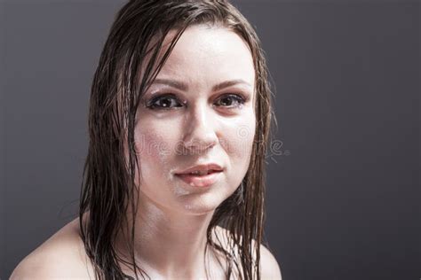 Portrait Of Caucasian Sensual Brunette Girl Showing Wet And Shining