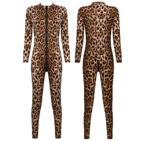 women long sleeve bodysuit zipper jumpsuit leopard catsuit bodystocking