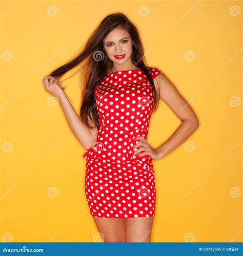 hot woman wearing red polka dots dress stock image image of body