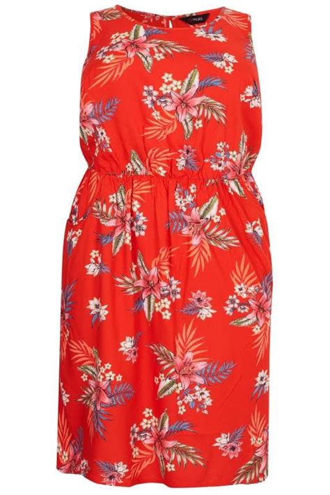 red tropical floral pocket skater dress sizes 16 to 36
