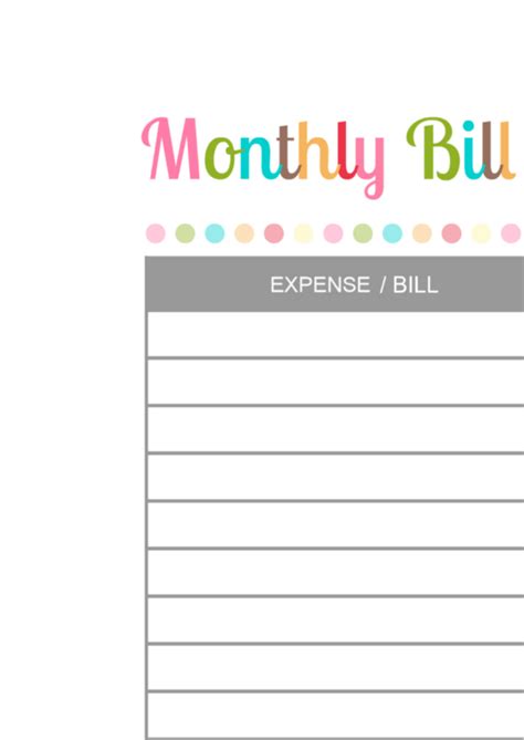 monthly bill payment log printable