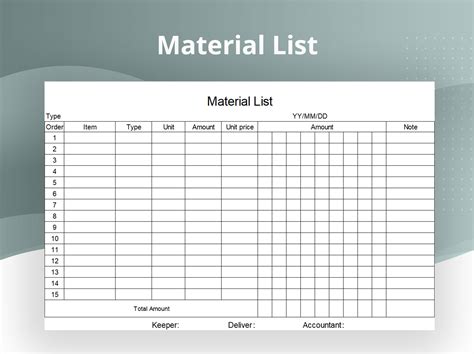 printable material list template