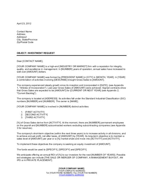 sample letter  request   equity investment template  private