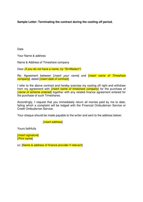 printable timeshare cancellation letter template  word