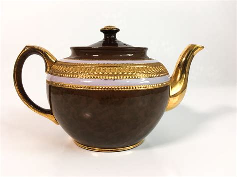 vintage sadler brown white gold teapot  lid  retro brown tea pot gold spout handle