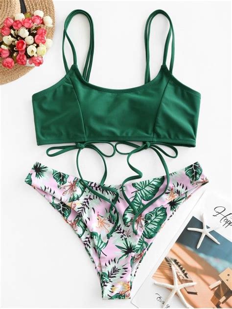 [35 Off] 2021 Zaful Leaves Print Tied Cinched Bikini Set In Medium Sea