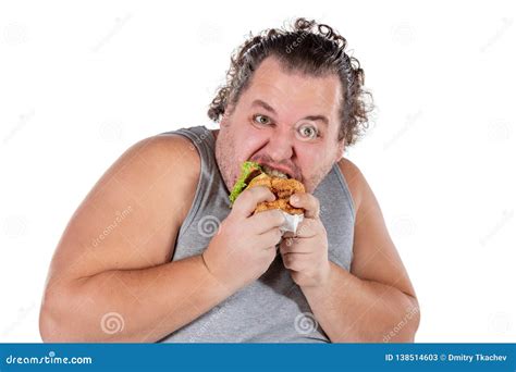 Portrait Of Funny Fat Man Eating Fast Food Burger Isolated On White