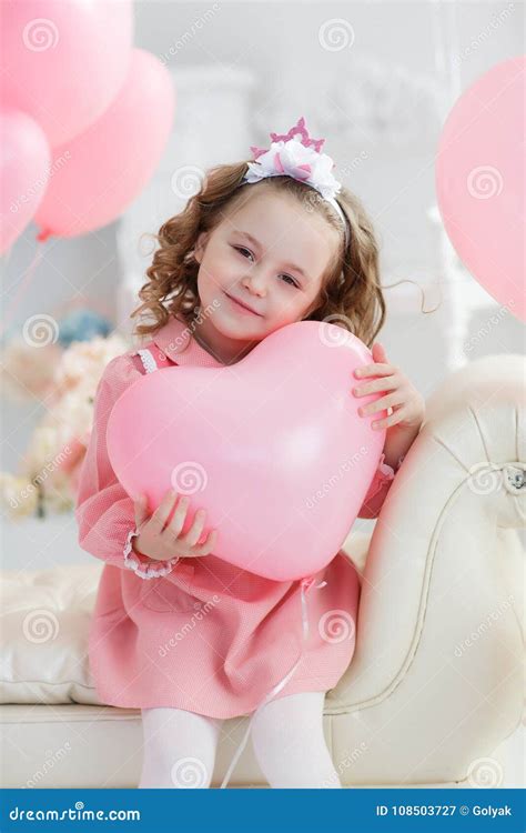 cute  year  girl  pink dress  pink balloons   shape  heart stock image