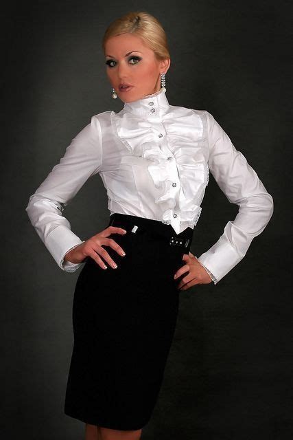 black belted pencil skirt and white satin blouse women
