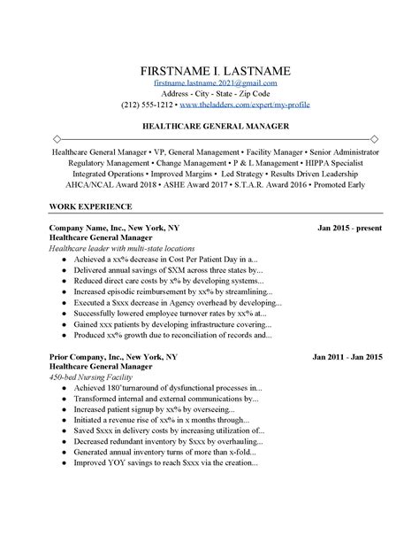 healthcare general manager resume