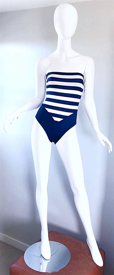 bill blass navy blue and white striped cut out one piece swimsuit