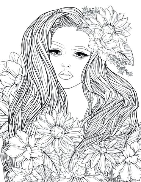 adult coloring page lady flowers digital coloring page printable