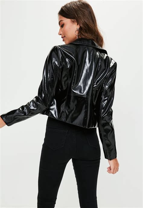 lyst missguided black patent faux leather biker jacket  black