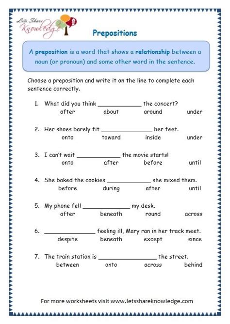 grade  grammar topic  prepositions worksheets lets share