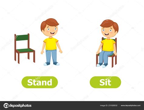 vector antonyms opposites stand sit cartoon characters illustration white background stock