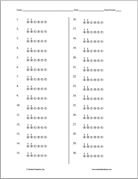 printable bubble answer sheet  answer sheet  teachers