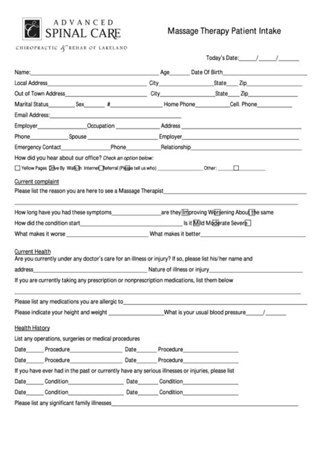 Massage Therapy Patient Intake Form Advanced Spinal Care Printable