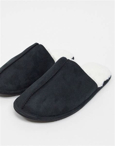 asos design slip  slippers  black  cream faux fur lining  fashionisto
