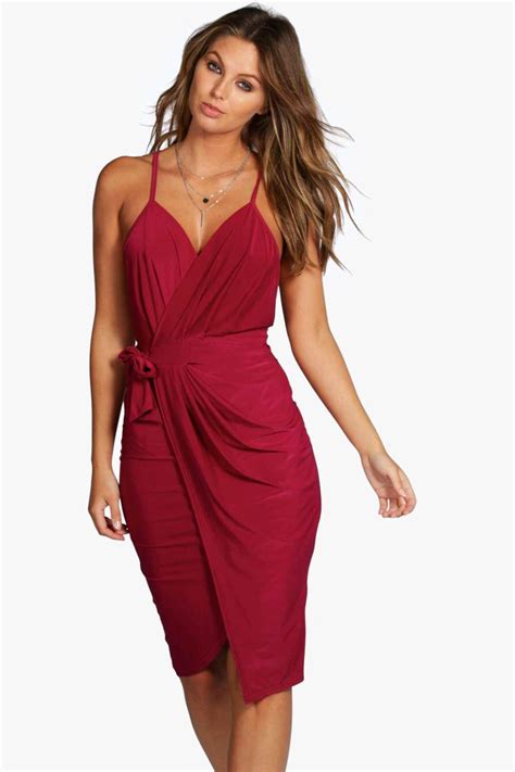 lyst boohoo wrap over exposed side detail slinky midi dress in red